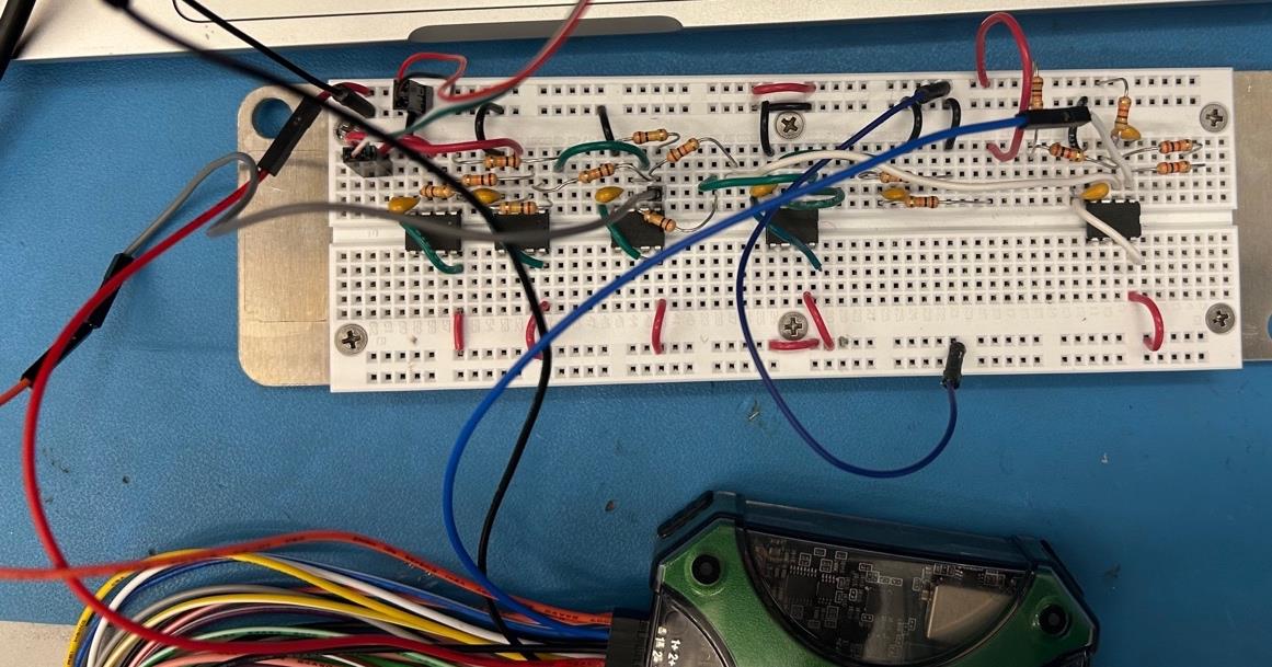 Breadboard prototype of an instrumentation and offset amplifier circuit used for the strain-gauge weight scale